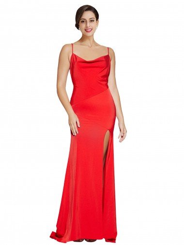 Low Back Cowl Neck Stretch Satin Formal Dress with High Side Slit Canada