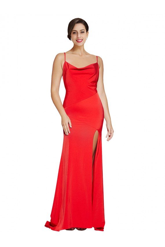 Low Back Cowl Neck Stretch Satin Formal Dress with High Side Slit