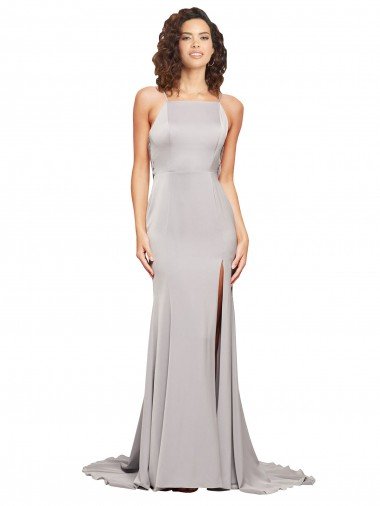 High Neck Low Back Long Full Length Stretch Satin Formal Dress Canada
