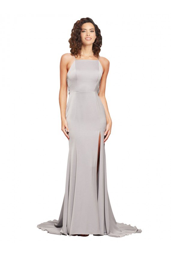 High Neck Low Back Long Full Length Stretch Satin Formal Dress