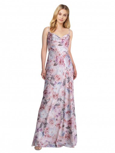 Draped Cowl Neck Long Printed Stretch Satin Formal Dress Canada