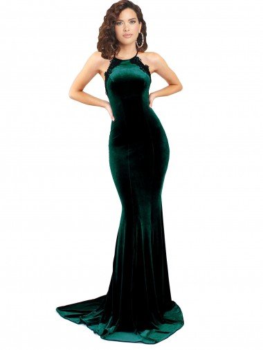 High Neck Stretch Velvet Formal Dress with Black Lace Embroidery Canada