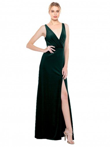 Sleek V-Neck Long Velvet Formal Dress with Side Slit Canada