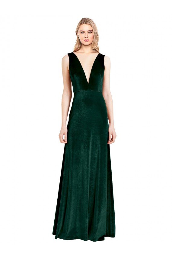 Daring Deep V-Neck Long Full Length Velvet Formal Dress