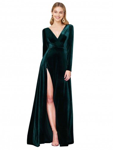 Deep V-Neck Long Sleeves Velvet Formal Dress with High Side Split Canada