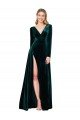 Deep V-Neck Long Sleeves Velvet Formal Dress with High Side Split