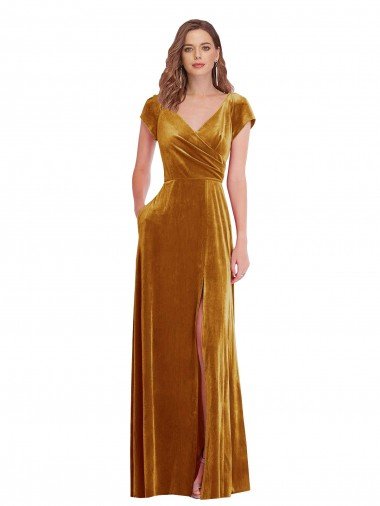 Cap Sleeve Faux Wrap Velvet Maxi Formal Dress with Pockets Canada