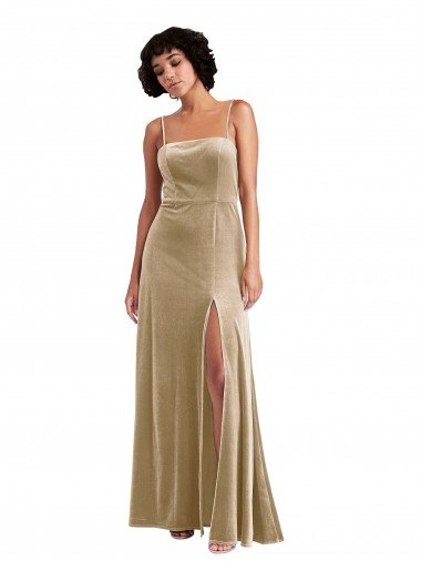 Square Neck Velvet Maxi Formal Dress with Front Slit & Pocket Canada