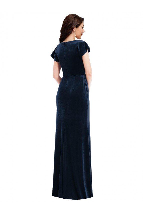 Flutter Sleeve Wrap Bodice Velvet Maxi Formal Dress with Pockets