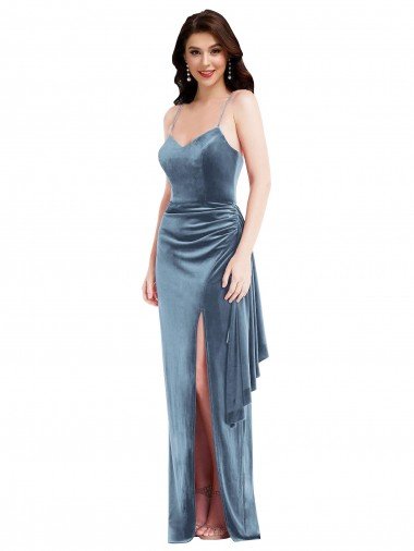 Spaghetti Strap Velvet Maxi Formal Dress with Draped Skirt Canada