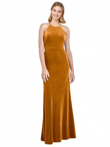 Halter Neckline Long Full Length Velvet Formal Dress with Strappy Back Canada