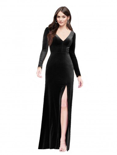 Long Sleeves Velvet Formal Dress with V-Neckline and Thigh Slit Canada