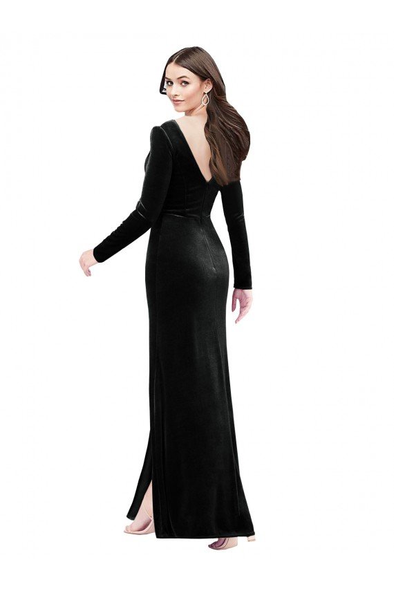 Long Sleeves Velvet Formal Dress with V-Neckline and Thigh Slit
