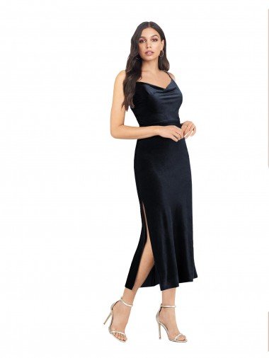 Midi Length Velvet Cocktail Formal Dress with Cowl Neck and Spaghetti Straps Canada