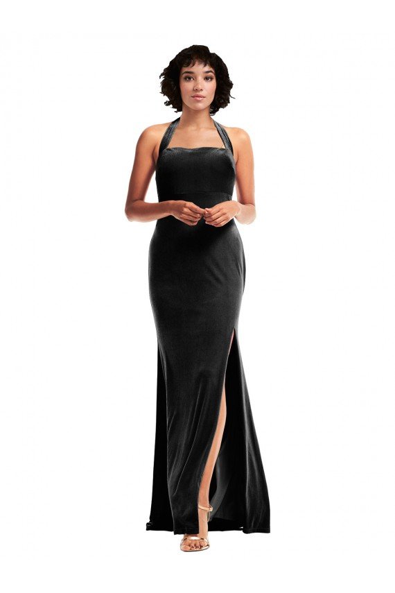 Empire Waist Stretch Velvet Formal Dress with Halter Strap