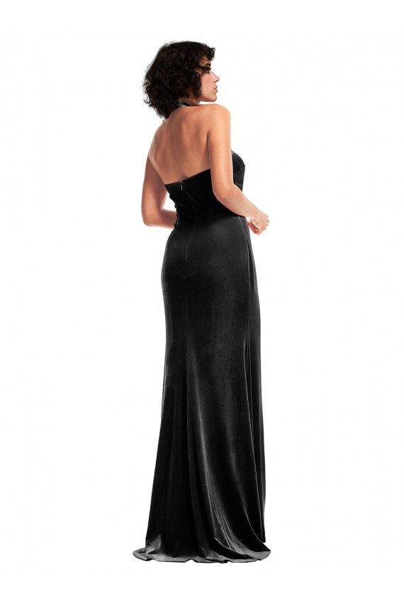 Empire Waist Stretch Velvet Formal Dress with Halter Strap