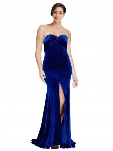 Strapless Ruched Velvet Formal Dress with Sweep Train and Front Slit Canada
