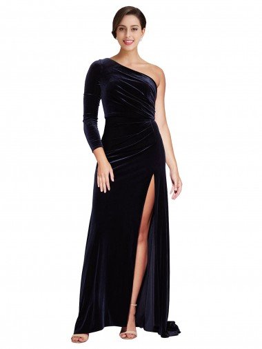 One Sleeve Long Velvet Formal Dress with Thigh High Split Canada