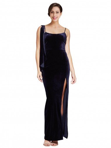 Long Velvet Formal Dress with Side Thigh Split and Shoulder Tie Canada