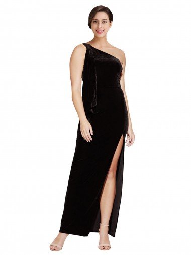 One Shoulder Long Velvet Formal Dress with Side Split and Shoulder Tie Canada