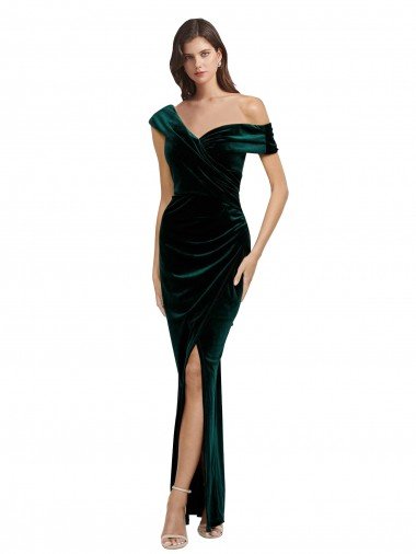 Long Asymmetric Neckline Ruched Velvet Formal Dress Canada